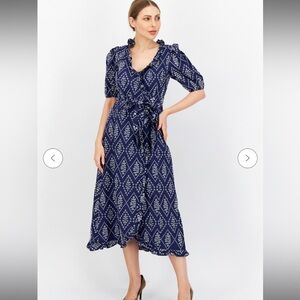 River Island Navy Blue Embroidered Midi Wrap Dress